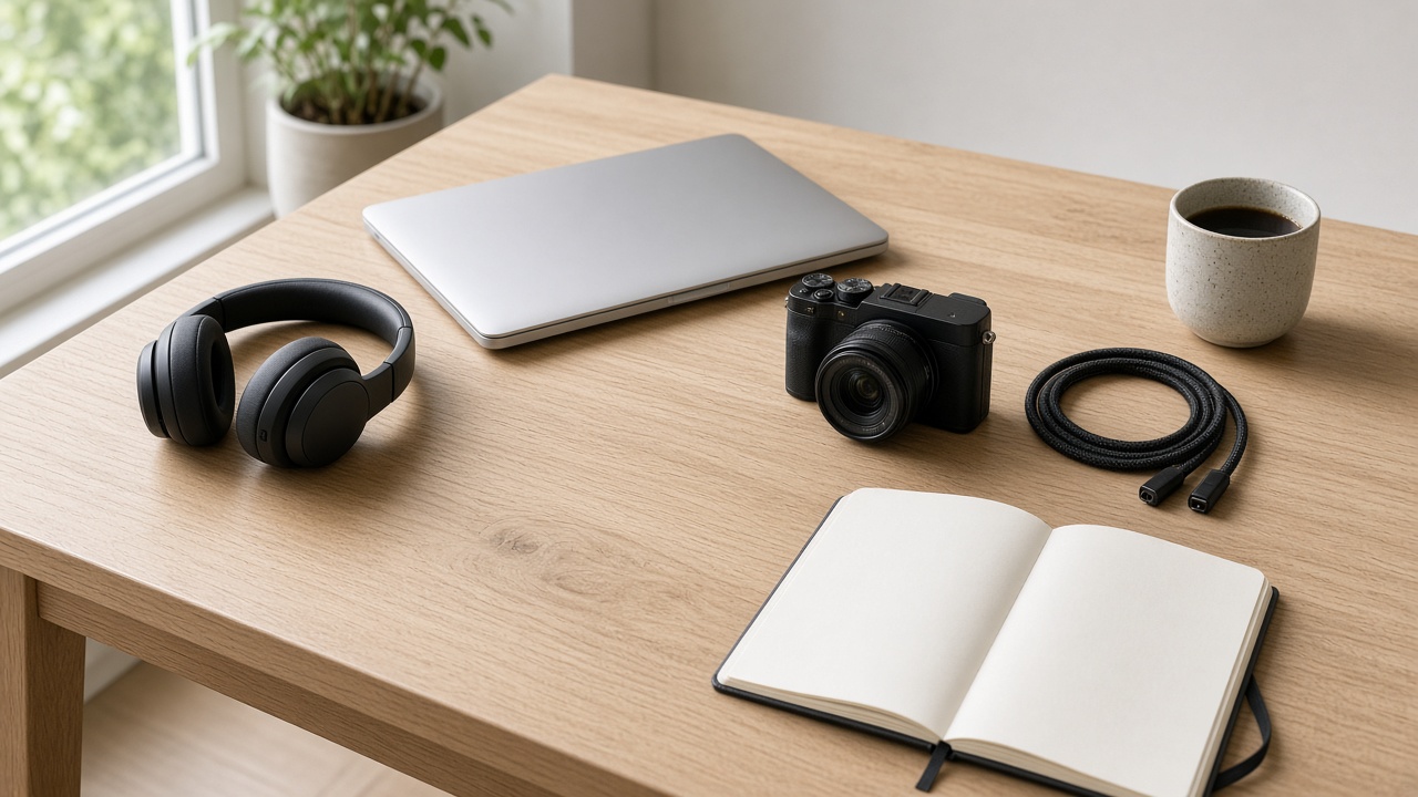 A sunlit wooden desk with headphones, a laptop, a camera, and a notebook