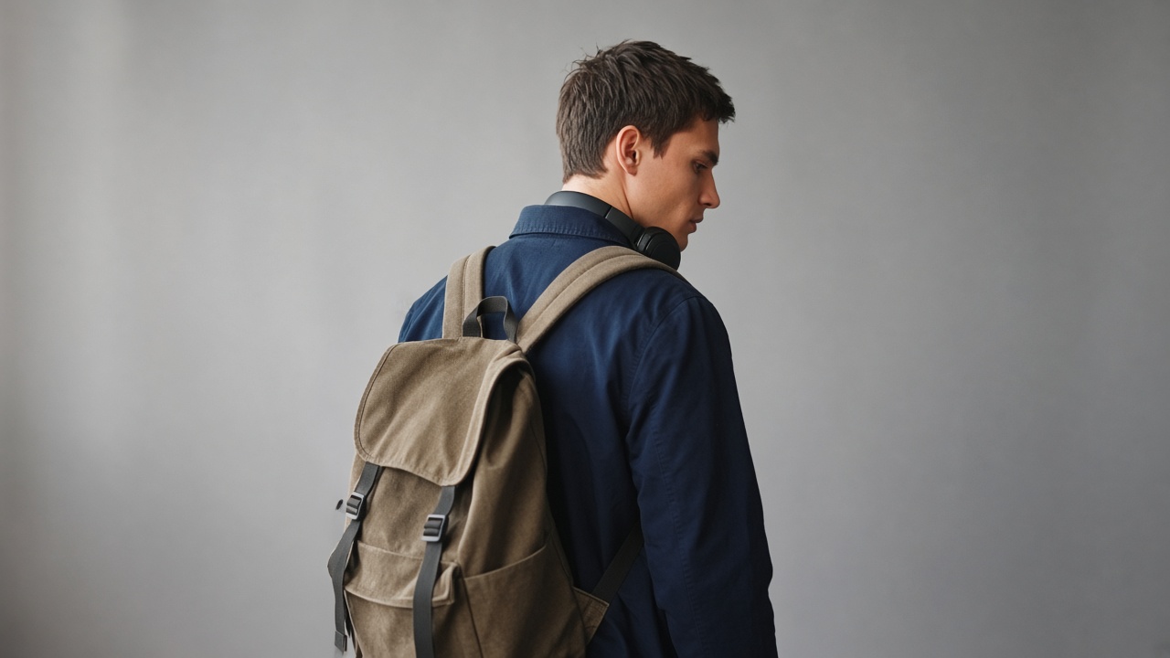 A man with a canvas backpack and headphones around his neck