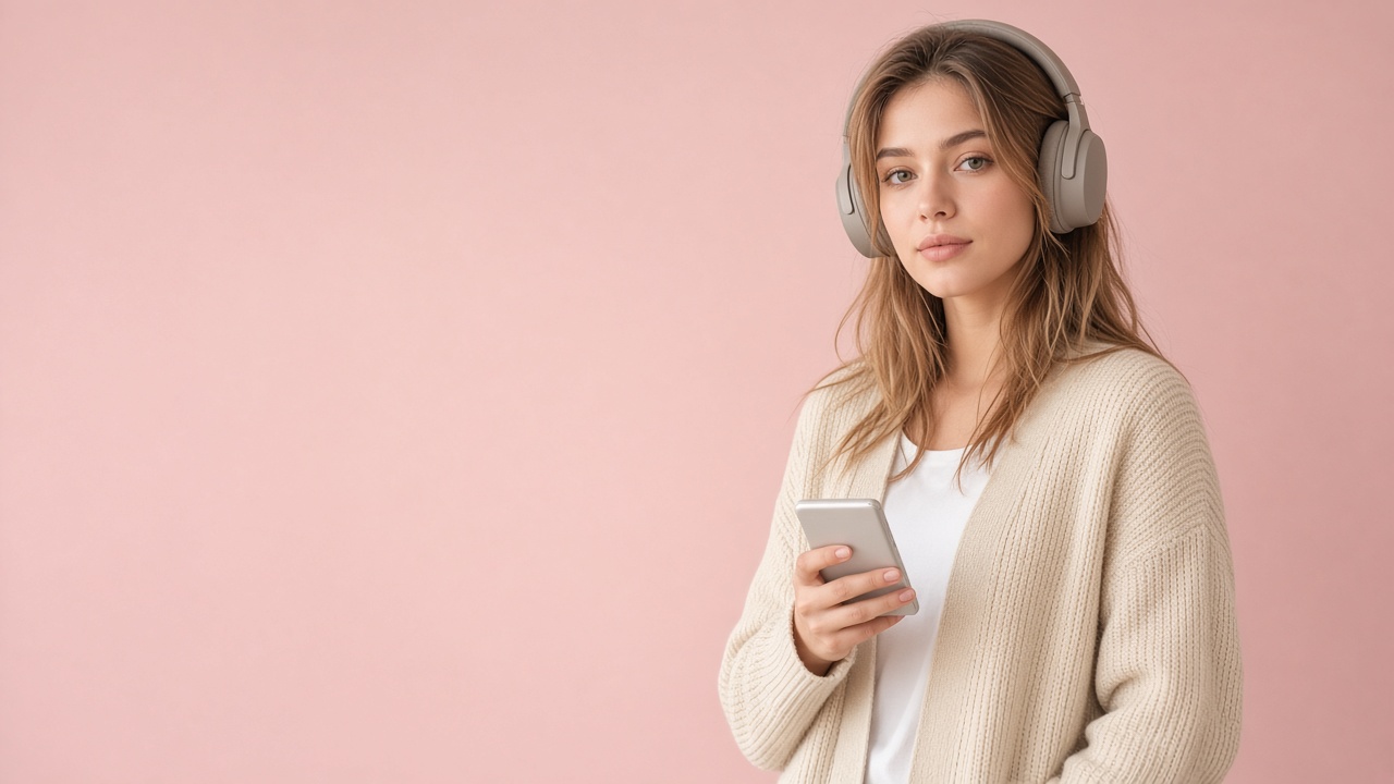 A woman in a cream cardigan wearing over-ear headphones against a blush background