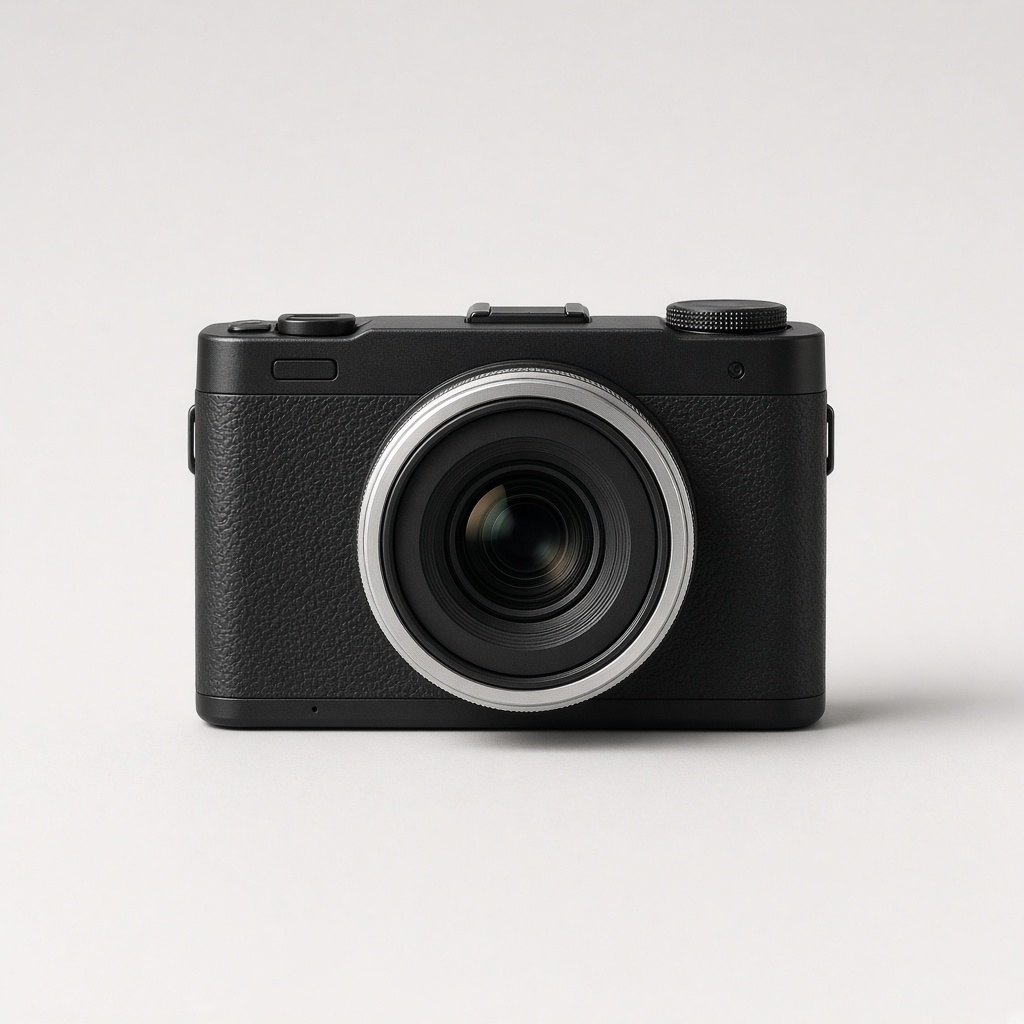 A compact black mirrorless camera with a silver lens ring