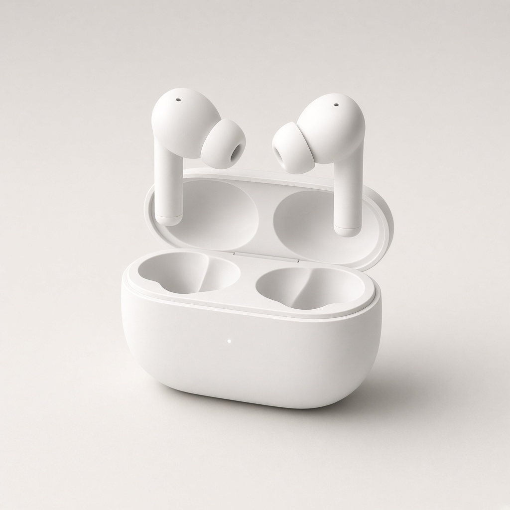 White wireless earbuds and an open charging case