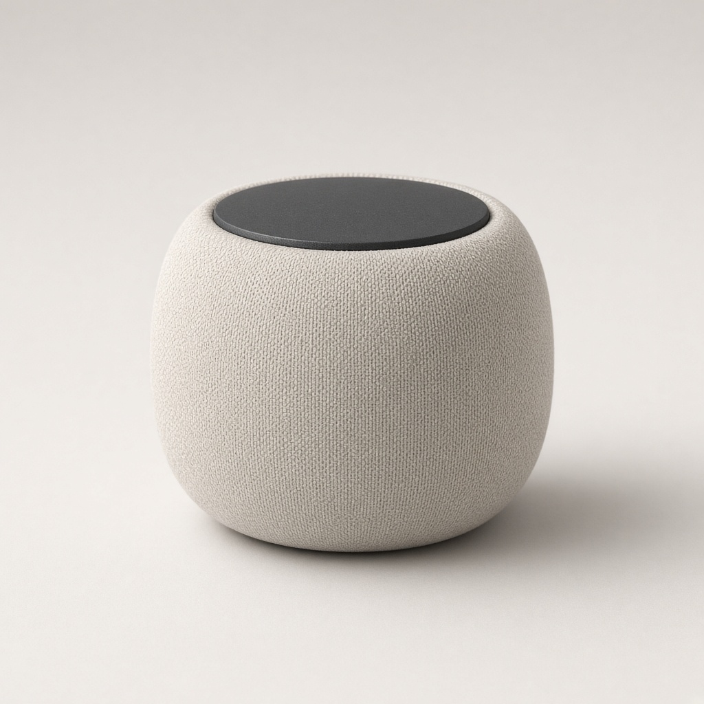 A small rounded fabric smart speaker in oatmeal cloth