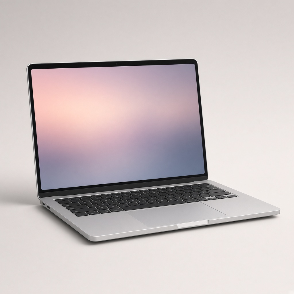A slim silver laptop open on a pale background