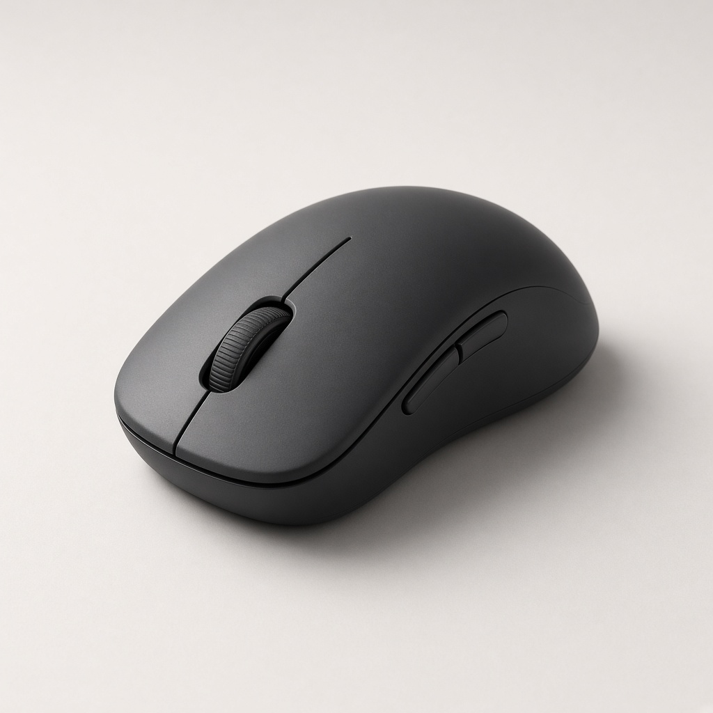 A compact matte charcoal wireless mouse