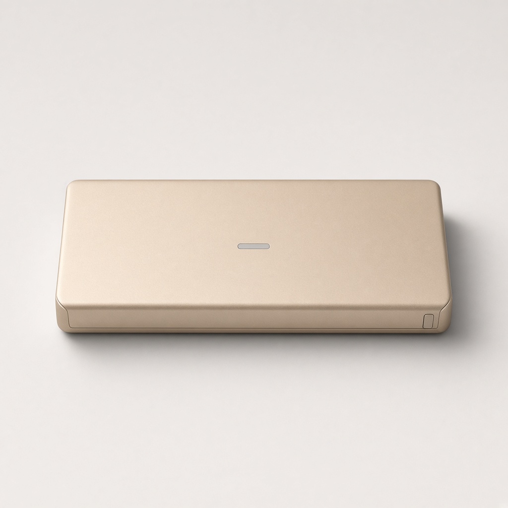 A slim sand-colored power bank